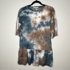 New Velvet Torch Blue Brown White Tie Dye Ribbed Flounce Hem Tunic Womens size S
